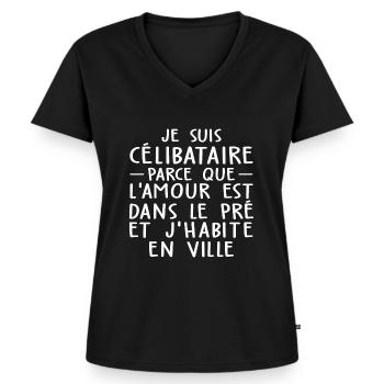 je suis célibataire / cadeau humour célibataire - T-shirt encolure en V Premium bio Femme - noir - Devant - AI Model Female 172 light (172cm)