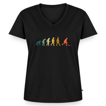 Unihockey Evolution Floorball Retro - Frauen Premium Bio T-Shirt mit V-Ausschnitt - Schwarz - Vorne - AI Model Female 172 light (172cm)