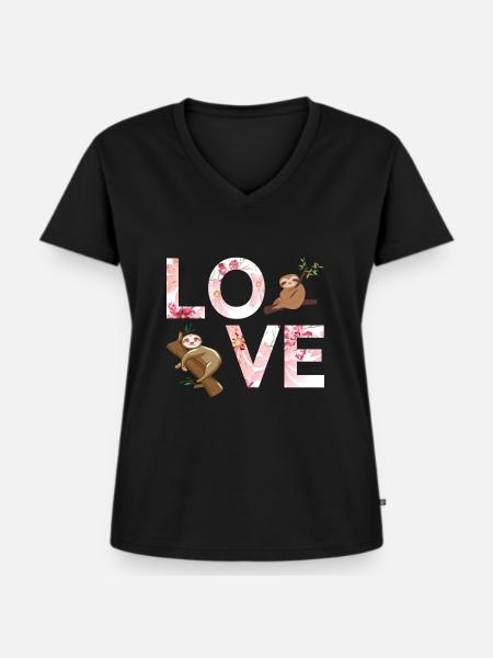 Faultier liebe - Frauen Premium Bio T-Shirt mit V-Ausschnitt - Schwarz