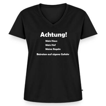 Achtung Betreten auf eigene Gefahr Meine Regeln - Frauen Premium Bio T-Shirt mit V-Ausschnitt - Schwarz - Vorne - AI Model Female 172 light (172cm)