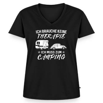 Ich brauche keine Therapie ich muss zum Camping - Frauen Premium Bio T-Shirt mit V-Ausschnitt - Schwarz - Vorne - AI Model Female 172 light (172cm)
