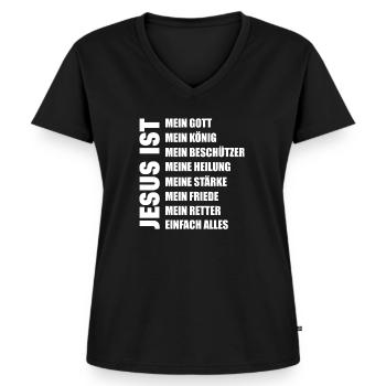 Jesus Christus - Frauen Premium Bio T-Shirt mit V-Ausschnitt - Schwarz - Vorne - AI Model Female 172 light (172cm)