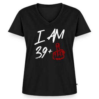 I Am 39 + Mittelfinger 40 Geburtstag - Frauen Premium Bio T-Shirt mit V-Ausschnitt - Schwarz - Vorne - AI Model Female 172 light (172cm)