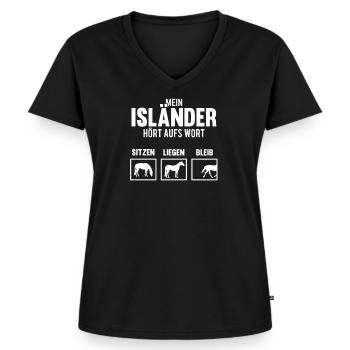 Mein Isländer hört aufs Wort Pferd Reiter Geschenk - Frauen Premium Bio T-Shirt mit V-Ausschnitt - Schwarz - Vorne - AI Model Female 172 light (172cm)