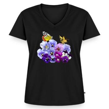 Stiefmütterchen Mit Gelben Schmetterlingen - Frauen Premium Bio T-Shirt mit V-Ausschnitt - Schwarz - Vorne - AI Model Female 172 light (172cm)