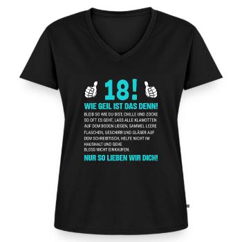 18 Wie Geil Ist Das Denn - Frauen Premium Bio T-Shirt mit V-Ausschnitt - Schwarz - Vorne - AI Model Female 172 light (172cm)