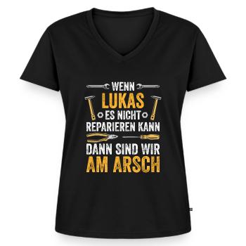 Lustiges Lukas Handwerker Heimwerker Sprüche - Frauen Premium Bio T-Shirt mit V-Ausschnitt - Schwarz - Vorne - AI Model Female 172 light (172cm)