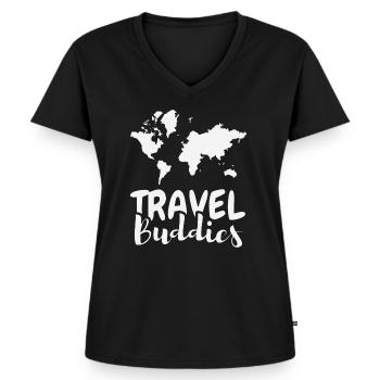 Reise Buddies - Frauen Premium Bio T-Shirt mit V-Ausschnitt - Schwarz - Vorne - AI Model Female 172 light (172cm)
