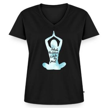 Yoga stelt inademen Adem uit en zeg cadeau-idee - Vrouwen Premium Bio T-shirt met V-hals - zwart - Voor - AI Model Female 172 light (172cm)