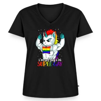 Ich bin nicht schwul Ich bin super schwul Einhorn Lesben - Frauen Premium Bio T-Shirt mit V-Ausschnitt - Schwarz - Vorne - AI Model Female 172 light (172cm)