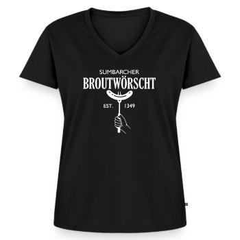 Sumbarcher Broutwörscht EST. 1349 - Frauen Premium Bio T-Shirt mit V-Ausschnitt - Schwarz - Vorne - AI Model Female 172 light (172cm)