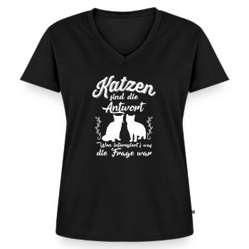 Katzen sind die Antwort - Frauen Premium Bio T-Shirt mit V-Ausschnitt - Schwarz - Vorne - AI Model Female 172 light (172cm)