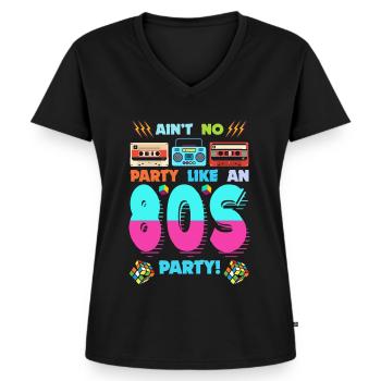 80er Jahre Party Vibes - Retro-Design mit Kassettenkassetten - Frauen Premium Bio T-Shirt mit V-Ausschnitt - Schwarz - Vorne - AI Model Female 172 light (172cm)