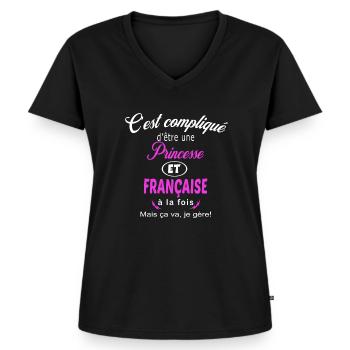 c'est compliqué princesse et Française - T-shirt encolure en V Premium bio Femme - noir - Devant - AI Model Female 172 light (172cm)