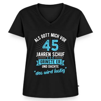 45. Geburtstag als Gott mich vor 45 Jahren schuf - Frauen Premium Bio T-Shirt mit V-Ausschnitt - Schwarz - Vorne - AI Model Female 172 light (172cm)