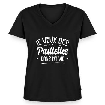 Je Veux Des Paillettes Dans Ma Vie - T-shirt encolure en V Premium bio Femme - noir - Devant - AI Model Female 172 light (172cm)