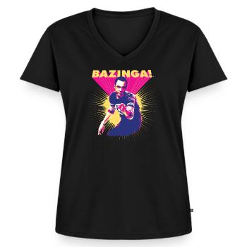 The Big Bang Theory Spruch Bazinga! Sheldon - Frauen Premium Bio T-Shirt mit V-Ausschnitt - Schwarz - Vorne - AI Model Female 172 light (172cm)
