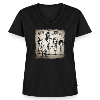 we are all mad here 2 - Frauen Premium Bio T-Shirt mit V-Ausschnitt - Schwarz - Vorne - AI Model Female 172 light (172cm)