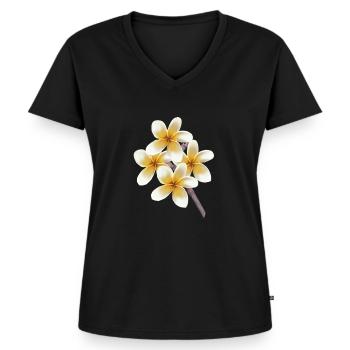 Fleurs jaunes blanches sur une tige arbre de temple de Plumeria - T-shirt encolure en V Premium bio Femme - noir - Devant - AI Model Female 172 light (172cm)