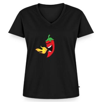 Spicy - chili pepper spits fire - Women's Premium Organic V-neck T-shirt - black - Front - AI Model Female 172 light (172cm)