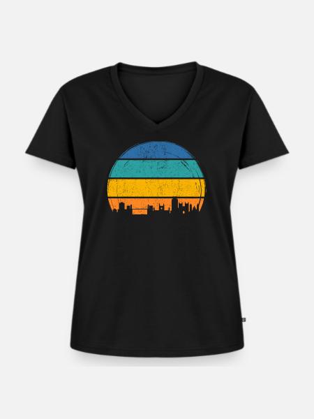 Sunset Skyline Streifen - Frauen Premium Bio T-Shirt mit V-Ausschnitt - Schwarz