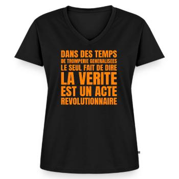 Citation Politique Orwell - Humour Noir - T-shirt encolure en V Premium bio Femme - noir - Devant - AI Model Female 172 light (172cm)
