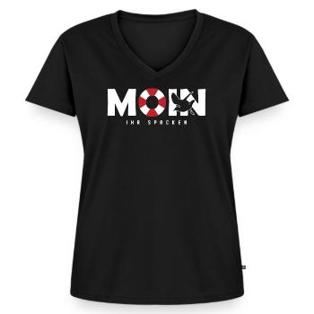Lustiger Spruch " Moin Ihr Spacken " - Frauen Premium Bio T-Shirt mit V-Ausschnitt - Schwarz - Vorne - AI Model Female 172 light (172cm)