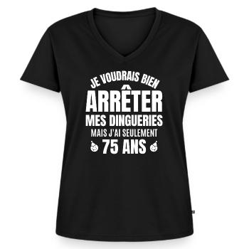 anniversaire 75 ans, anniversaire - T-shirt encolure en V Premium bio Femme - noir - Devant - AI Model Female 172 light (172cm)