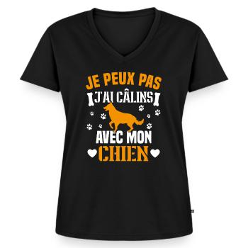 je peux pas j'ai câlins avec mon chien humour - T-shirt encolure en V Premium bio Femme - noir - Devant - AI Model Female 172 light (172cm)