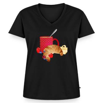 Petit déjeuner nature morte avec croissant, café, baies - T-shirt encolure en V Premium bio Femme - noir - Devant - AI Model Female 172 light (172cm)