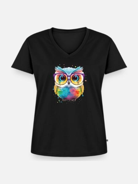 Bunte Brillen Eule - Frauen Premium Bio T-Shirt mit V-Ausschnitt - Schwarz