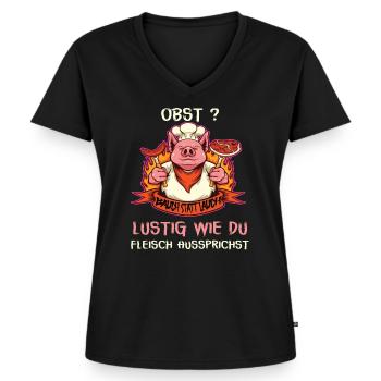 Witziges Schwein mit Fleischspruch - Frauen Premium Bio T-Shirt mit V-Ausschnitt - Schwarz - Vorne - AI Model Female 172 light (172cm)
