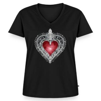 Broche traditionnelle avec motif bijou rouge - T-shirt encolure en V Premium bio Femme - noir - Devant - AI Model Female 172 light (172cm)