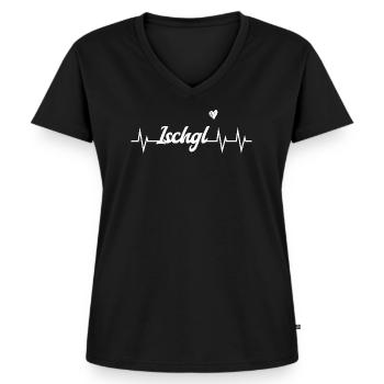 Ischgl Heartbeat – Ski & Beats - Frauen Premium Bio T-Shirt mit V-Ausschnitt - Schwarz - Vorne - AI Model Female 172 light (172cm)