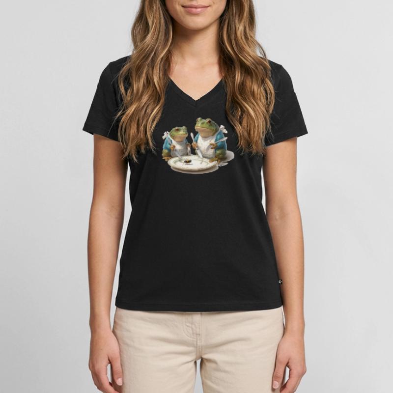 Frosch-Dinner: Fliege am Teller Frauen Premium Bio T-Shirt mit V-Ausschnitt
