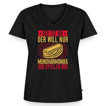 Lustiger Mundharmonika Spieler Der Tut Nix Will - Frauen Premium Bio T-Shirt mit V-Ausschnitt - Schwarz - Vorne - AI Model Female 172 light (172cm)