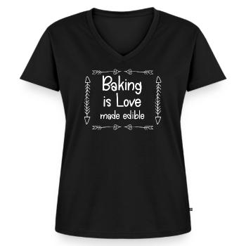 Backen ist essbare Liebe - Frauen Premium Bio T-Shirt mit V-Ausschnitt - Schwarz - Vorne - AI Model Female 172 light (172cm)