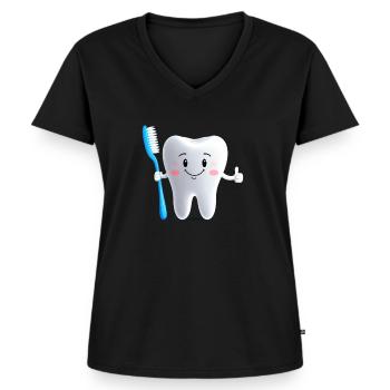 Lächelnder Zahn mit Zahnbürste - Frauen Premium Bio T-Shirt mit V-Ausschnitt - Schwarz - Vorne - AI Model Female 172 light (172cm)