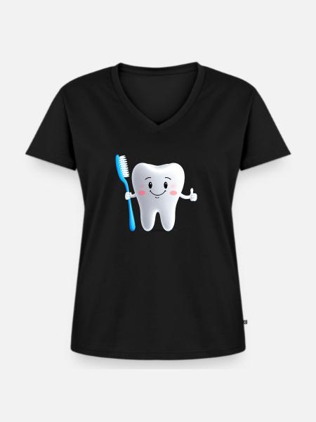 Lächelnder Zahn mit Zahnbürste - Frauen Premium Bio T-Shirt mit V-Ausschnitt - Schwarz