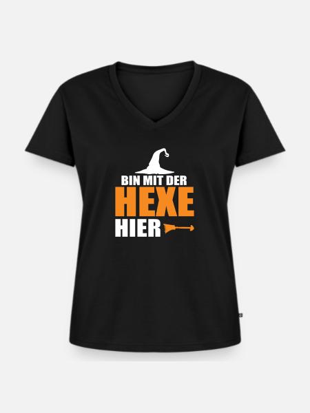 Bin mit der Hexe hier - Frauen Premium Bio T-Shirt mit V-Ausschnitt - Schwarz
