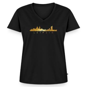 Leipziger Skyline (Vintage/Goldgelb) Leipzig - Frauen Premium Bio T-Shirt mit V-Ausschnitt - Schwarz - Vorne - AI Model Female 172 light (172cm)