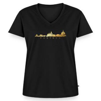 Rostock Skyline (Vintage Goldgelb) - Frauen Premium Bio T-Shirt mit V-Ausschnitt - Schwarz - Vorne - AI Model Female 172 light (172cm)