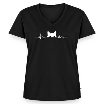 Katze EKG Herzfrequenz Herzschlag - Frauen Premium Bio T-Shirt mit V-Ausschnitt - Schwarz - Vorne - AI Model Female 172 light (172cm)