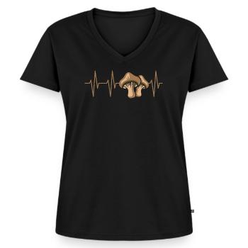 Pilz Herzschlag – Lustiges Pilz Sammler Design - Frauen Premium Bio T-Shirt mit V-Ausschnitt - Schwarz - Vorne - AI Model Female 172 light (172cm)
