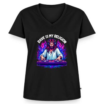 Rave, Techno, House, Party, EDM, Festival, Goa, Electro - T-shirt encolure en V Premium bio Femme - noir - Devant - AI Model Female 172 light (172cm)