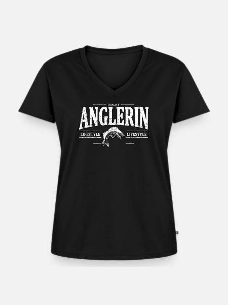 Anglerin - Frauen Premium Bio T-Shirt mit V-Ausschnitt - Schwarz