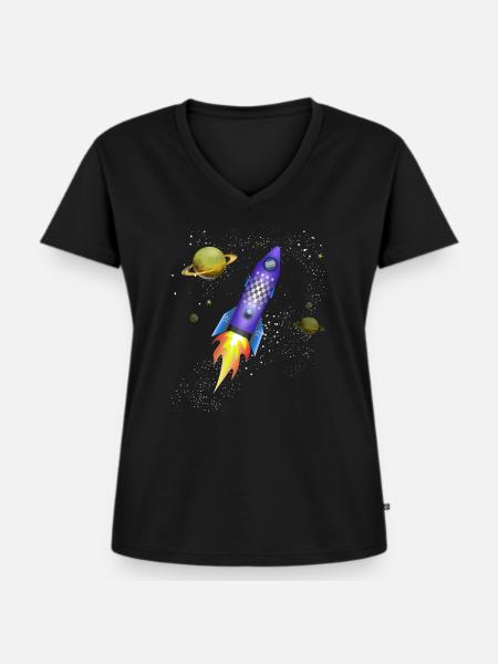 Rakete im Weltall - Frauen Premium Bio T-Shirt mit V-Ausschnitt - Schwarz