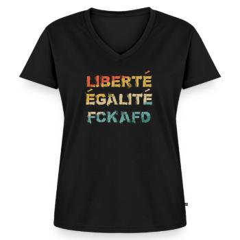 Liberté, Égalité, FCK AFD - Vintage Anti Rassismus - Frauen Premium Bio T-Shirt mit V-Ausschnitt - Schwarz - Vorne - AI Model Female 172 light (172cm)