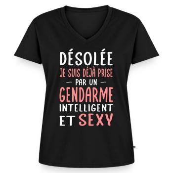Désolée déjà prise par un gendarme sexy - T-shirt encolure en V Premium bio Femme - noir - Devant - AI Model Female 172 light (172cm)