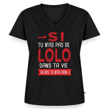 Lolo dans ta vie Humour Laurent Laurence - T-shirt encolure en V Premium bio Femme - noir - Devant - AI Model Female 172 light (172cm)